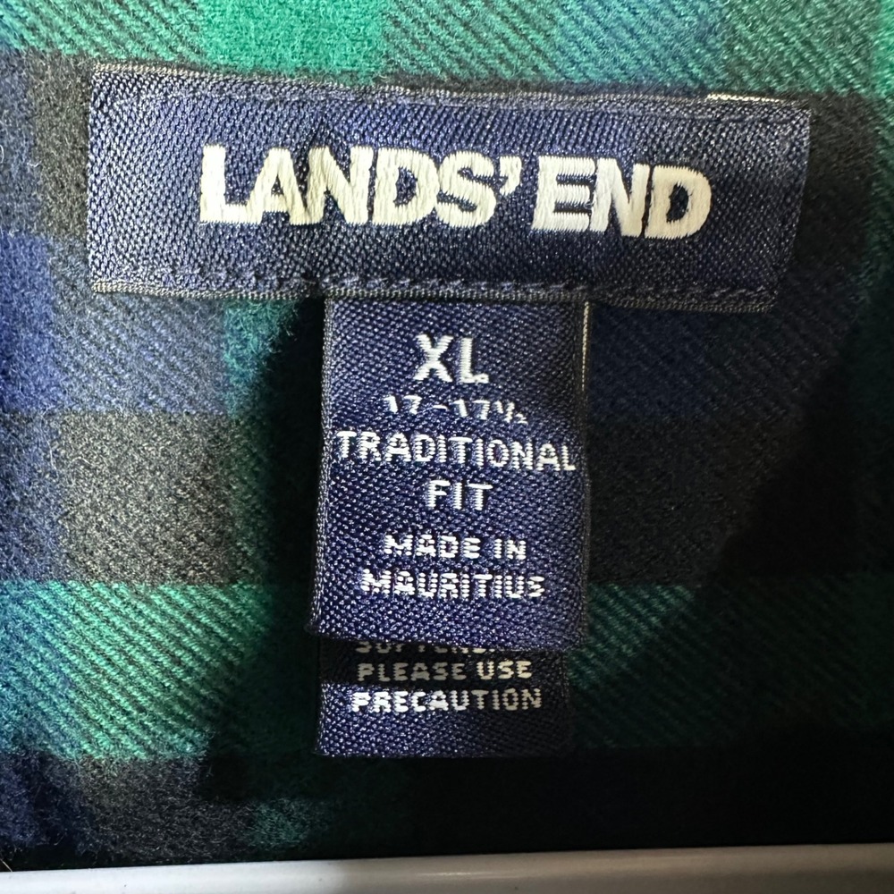 Lands End Flannel Shirt Mens XL Green Blue Plaid Traditional Fit Button Down - Picture 3 of 8